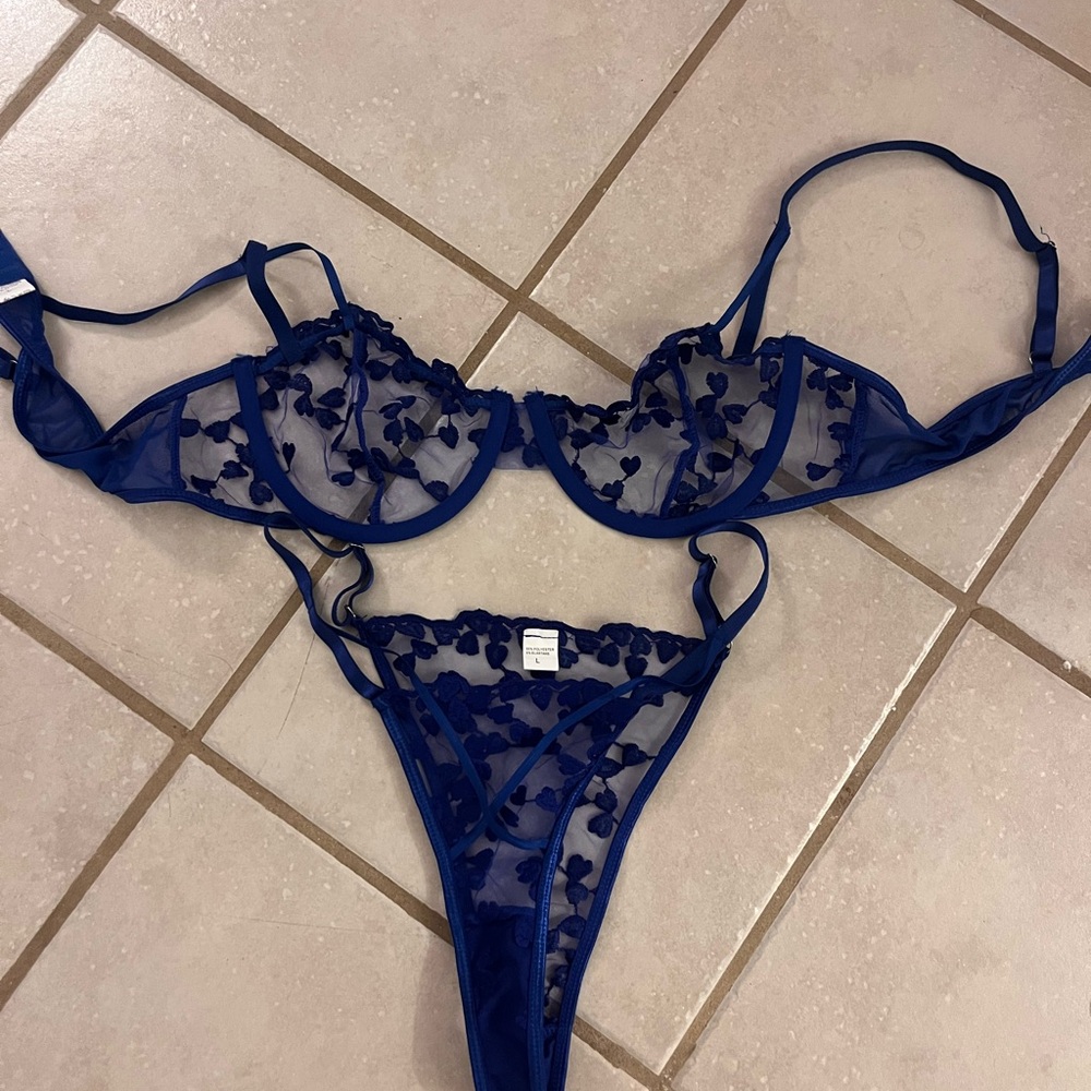 Sheer Embroidered Underwire Bra & Thong Set - Navy Blue